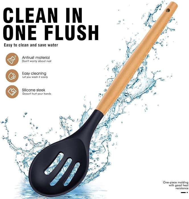 Silicone Cooking Utensils Set - AVGPD Silicone Kitchen Utensils for Cooking Wooden Handles, 446°F Heat Resistant Kitchen Utensil Spatula Sets, Gadgets for Non-Stick Cookware BPA FREE (Navy Blue) - Image 6