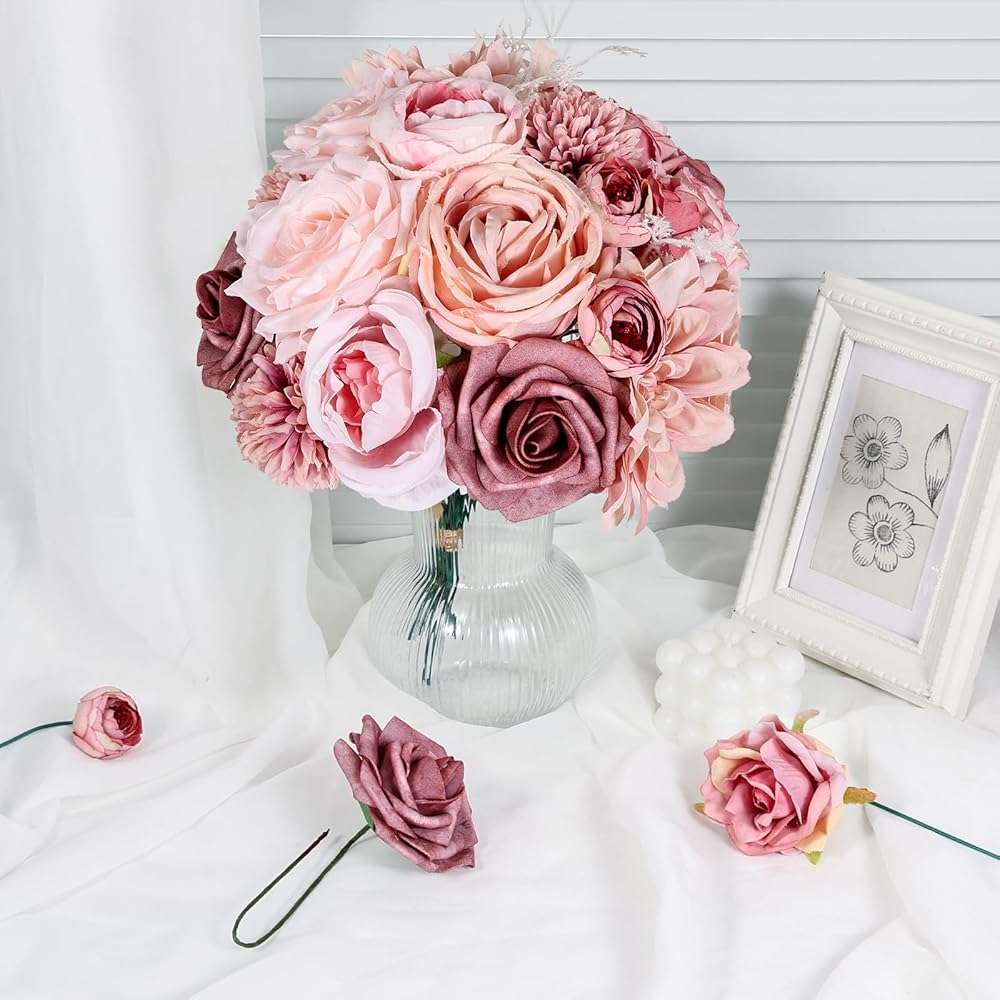 Luckinds Artificial Flowers Dusty Pink Silk Roses, Fake Flowers for DIY Wedding Bouquets Bridal Shower Centerpieces, Floral Arrangements for Table Decorations Birthday Party Home Decor Indoor Outdoor - Image 7