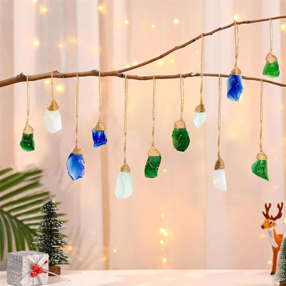 24Pcs Handmade Christmas Sea Glass Block Ornament Pendant, Sea Glass Crafts Coastal Decorative, Beach Seaglass Hanging Ornament Sets for Christmas Tree, Centerpiece, Home Decor Beach Weddings and More - Image 2