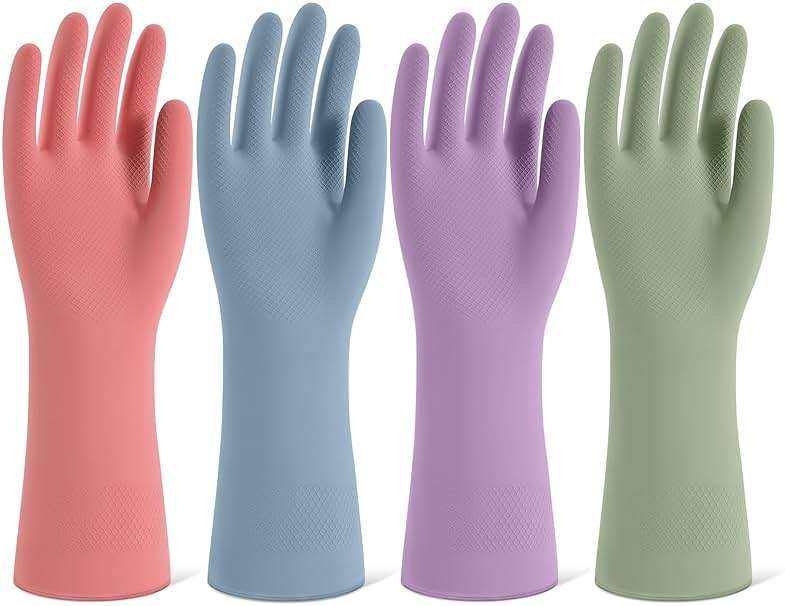 Rubber Cleaning Gloves for Dishwashing, 4 Pairs Reusable Kitchen Gloves for Washing Dishes and Household Cleaning, Colorful Dish Gloves with Flocked Lining and Non-Slip Grip, Pefect for Woman Men - L - Image 1