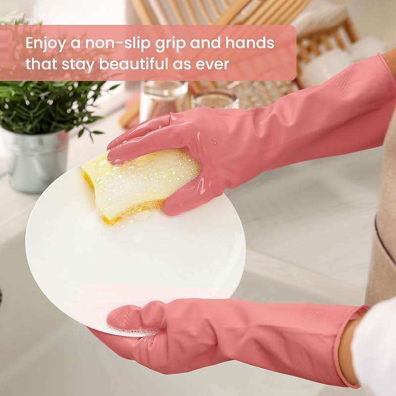 Rubber Cleaning Gloves for Dishwashing, 4 Pairs Reusable Kitchen Gloves for Washing Dishes and Household Cleaning, Colorful Dish Gloves with Flocked Lining and Non-Slip Grip, Pefect for Woman Men - L - Image 3
