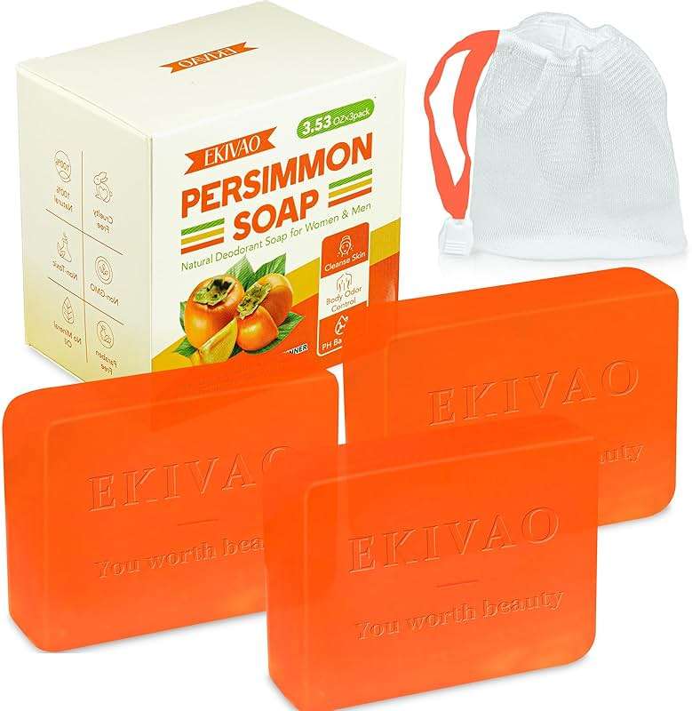 EKIVAO 3Pack Natural Persimmon Soap Bar for Body Odor Control, Organic Deodorant Body Persimmon Bar Soap for Old People Smell, Remove Odor Bath Soap for Women & Men - Image 1