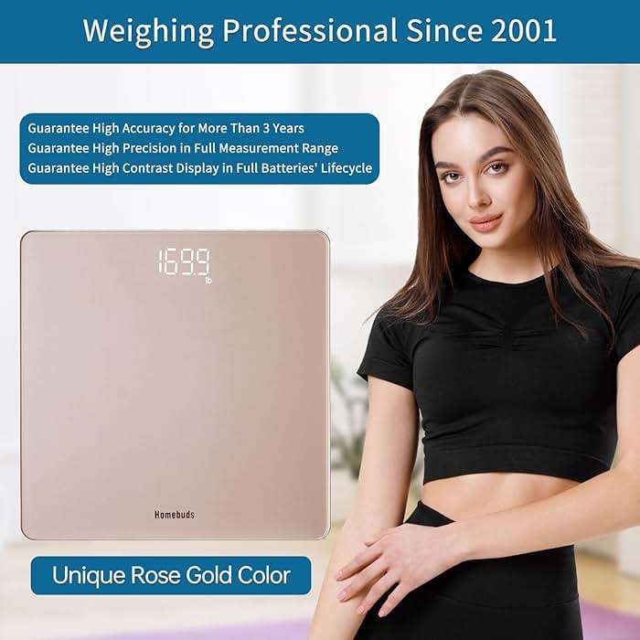 Homebuds Bathroom Scale for Body Weight, Precision 0.1lb by Our Professional Factory Since 2001, Weight Scale Step-On and White LED for Easy to View, 3*AAA Included, 400lb/182kg, Rose Gold - Image 2