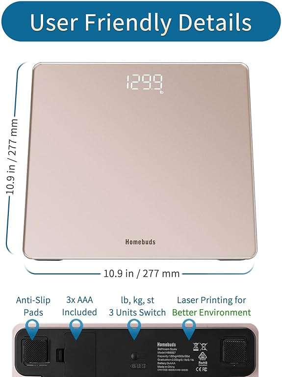 Homebuds Bathroom Scale for Body Weight, Precision 0.1lb by Our Professional Factory Since 2001, Weight Scale Step-On and White LED for Easy to View, 3*AAA Included, 400lb/182kg, Rose Gold - Image 5