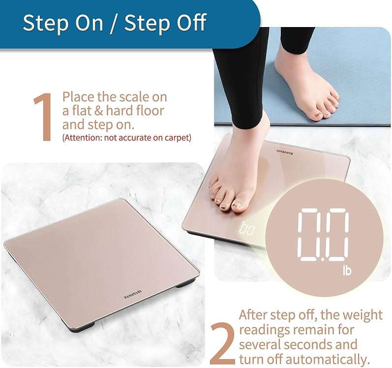 Homebuds Bathroom Scale for Body Weight, Precision 0.1lb by Our Professional Factory Since 2001, Weight Scale Step-On and White LED for Easy to View, 3*AAA Included, 400lb/182kg, Rose Gold - Image 7
