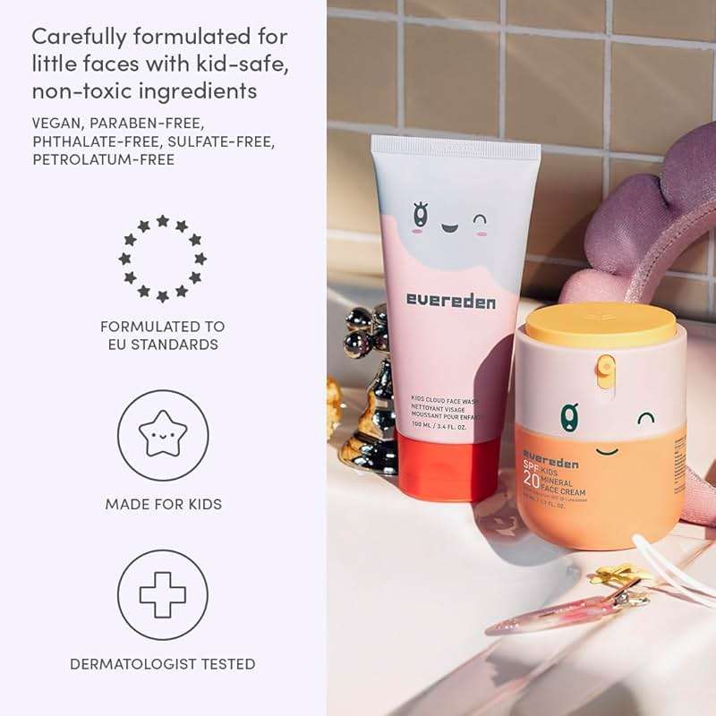 Evereden Kids Face Wash & SPF 20 Cream Set | Dermatologist-Tested, Mineral Sunscreen with Zinc Oxide & Vitamin B5 | No Phenoxyethanol, EWG Verified, Gentle, Safe for Ages 3+, Sensitive Skin + Headband - Image 5