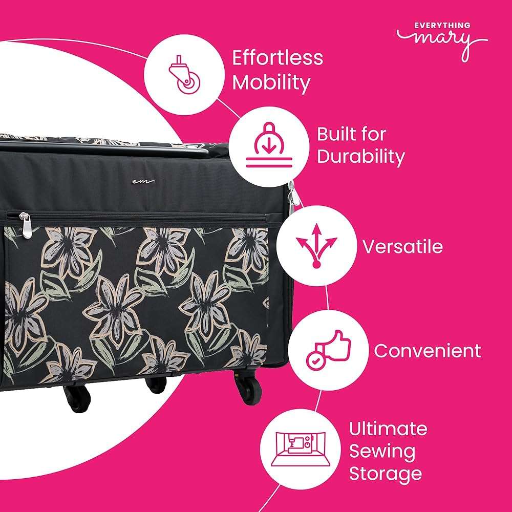 Everything Mary Jumbo Rolling Sewing Machine Case – Black Floral Organizer with 5 Heavy-Duty Wheels – Compatible with Large Brother & Singer Sewing Machines – Durable Tote - Image 2