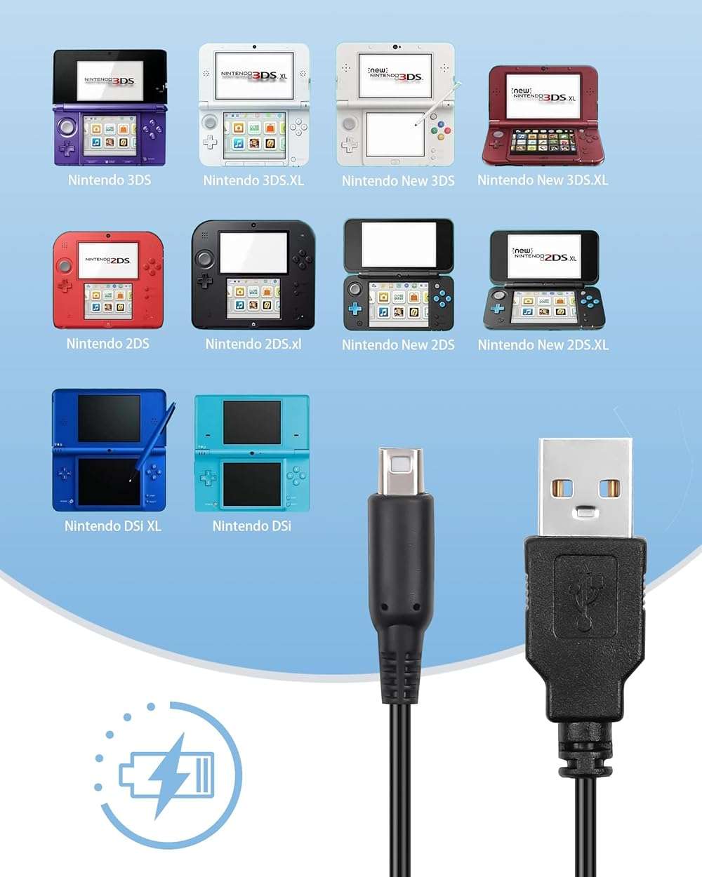 TriverseTech USB Charging Cable Compatible with Nintendo New 3DS XL/New 3DS/3DS XL/3DS/New 2DS XL/2DS XL/2DS/DSi/DSi XL - Image 2