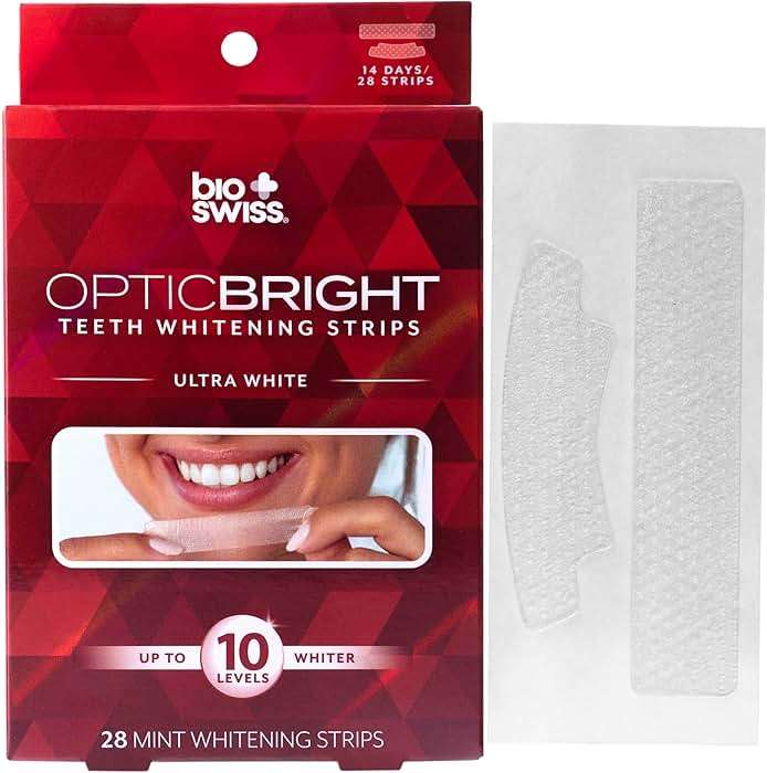 BioSwiss Teeth Whitening Strips, Optic Bright Ultra White Mint Tooth Whitener Strip Set, Pack of 28, Red Box - Image 1