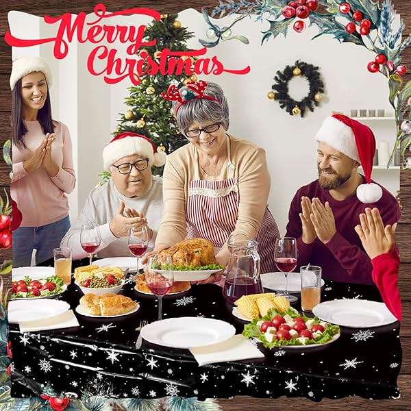 FuWeave 4 Pcs Christmas Disposable Tablecloth 108 x 54 Inch Black Christmas Plastic Tablecloth Rectangle Snowman Table Cloth Tablecover Waterproof Table Cover for Holiday Party Decorations(Black) - Image 6