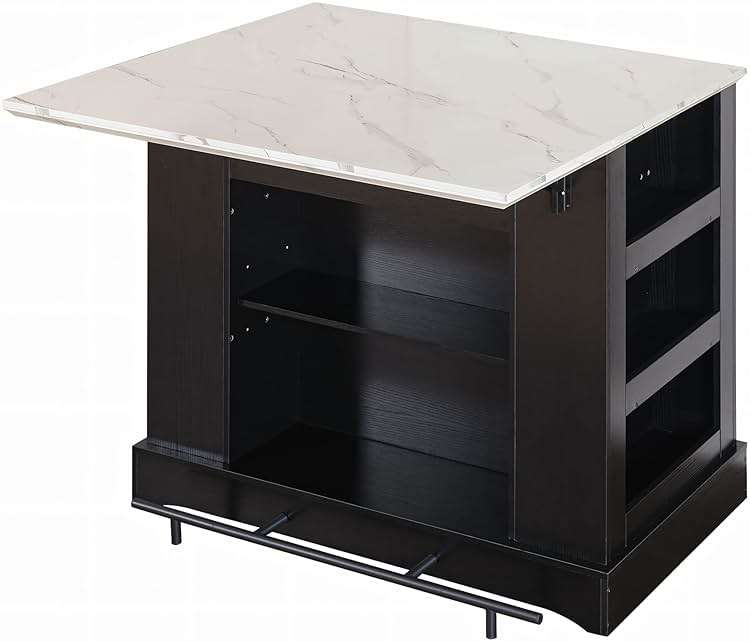 FUSUNBAO Large Kitchen Island with Storage, Drop Leaf & Outlet,Black | Power Outlet,Drawer, Adjustable Shelves, Side Open Compartments, Drop Leaf, Footrest - Image 1