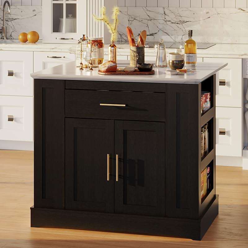 FUSUNBAO Large Kitchen Island with Storage, Drop Leaf & Outlet,Black | Power Outlet,Drawer, Adjustable Shelves, Side Open Compartments, Drop Leaf, Footrest - Image 2