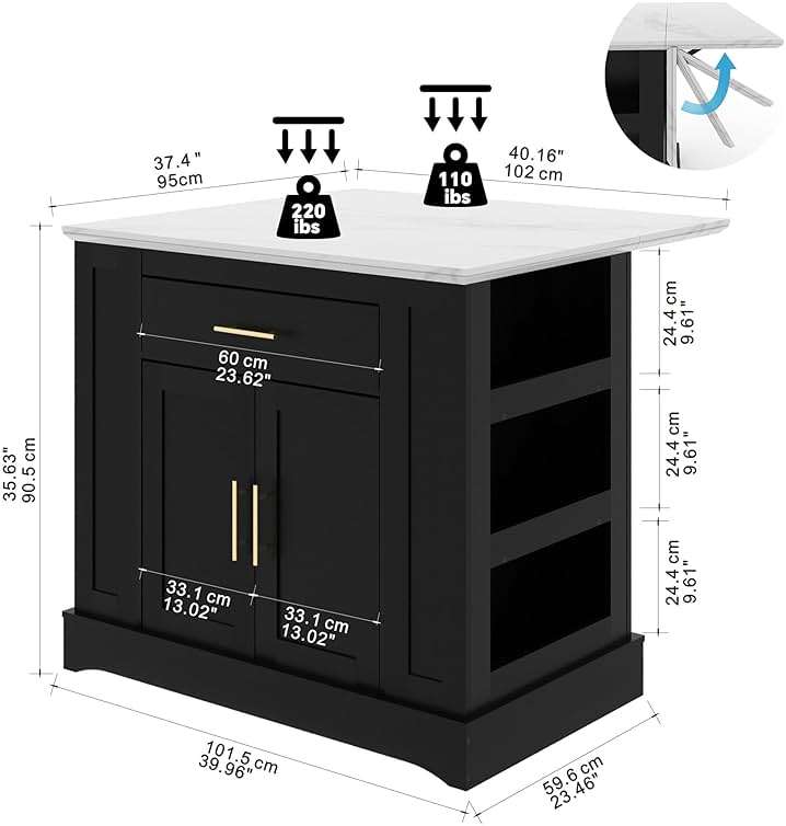 FUSUNBAO Large Kitchen Island with Storage, Drop Leaf & Outlet,Black | Power Outlet,Drawer, Adjustable Shelves, Side Open Compartments, Drop Leaf, Footrest - Image 3
