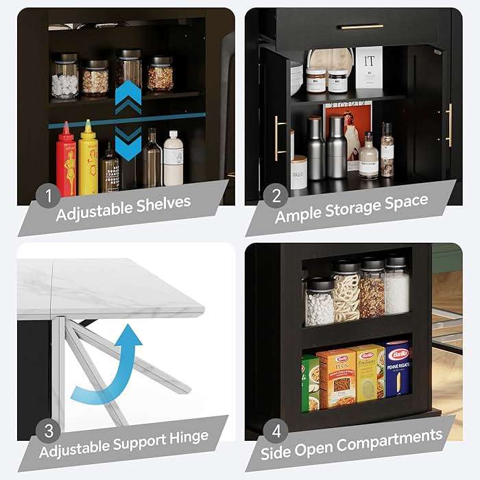 FUSUNBAO Large Kitchen Island with Storage, Drop Leaf & Outlet,Black | Power Outlet,Drawer, Adjustable Shelves, Side Open Compartments, Drop Leaf, Footrest - Image 4
