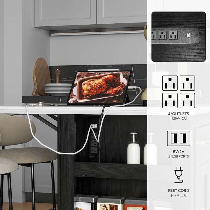 FUSUNBAO Large Kitchen Island with Storage, Drop Leaf & Outlet,Black | Power Outlet,Drawer, Adjustable Shelves, Side Open Compartments, Drop Leaf, Footrest - Image 5