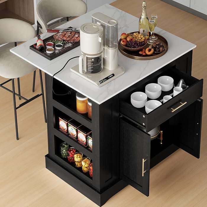 FUSUNBAO Large Kitchen Island with Storage, Drop Leaf & Outlet,Black | Power Outlet,Drawer, Adjustable Shelves, Side Open Compartments, Drop Leaf, Footrest - Image 6