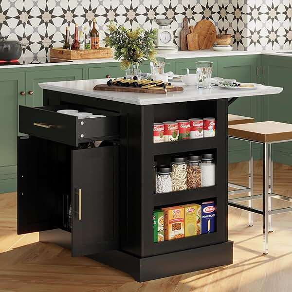 FUSUNBAO Large Kitchen Island with Storage, Drop Leaf & Outlet,Black | Power Outlet,Drawer, Adjustable Shelves, Side Open Compartments, Drop Leaf, Footrest - Image 7