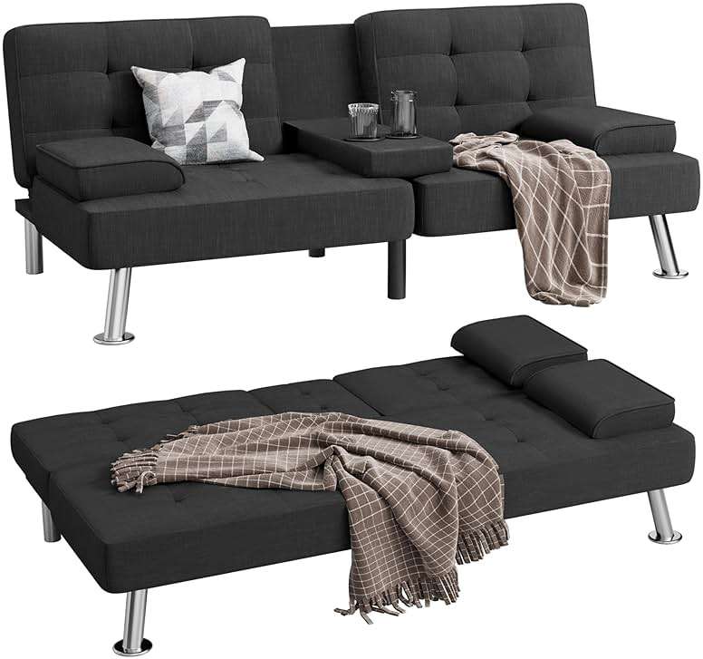 Shahoo Modern Linen Upholstered Convertible Folding Futon Sofa Bed with Removable Armrests, Metal Legs, 2 Cup Holders for Living Room, Black - Image 5
