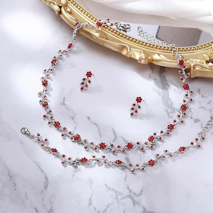 BriLove Wedding Jewelry Set for Women Bride, Gorgeous Stunning Crystal Flower Leaf Cluster Choker Necklace Link Bracelet Stud Earrings Bridal Bridesmaid - Image 4