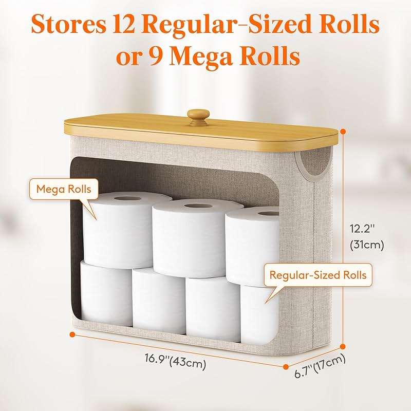 Lifewit Toilet Paper Storage Holder for 9 to 12 Rolls, Free Standing Toilet Paper Basket Stand with Bamboo Lid, Collapsible Fabric Bathroom Organizer Box for Mega Rolls, 23L, Large, White, Beige - Image 3