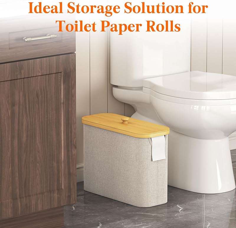 Lifewit Toilet Paper Storage Holder for 9 to 12 Rolls, Free Standing Toilet Paper Basket Stand with Bamboo Lid, Collapsible Fabric Bathroom Organizer Box for Mega Rolls, 23L, Large, White, Beige - Image 4