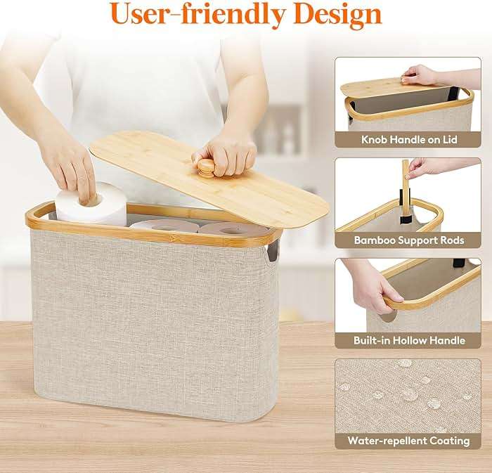 Lifewit Toilet Paper Storage Holder for 9 to 12 Rolls, Free Standing Toilet Paper Basket Stand with Bamboo Lid, Collapsible Fabric Bathroom Organizer Box for Mega Rolls, 23L, Large, White, Beige - Image 5