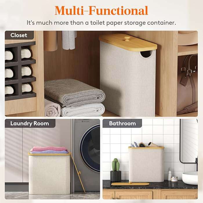 Lifewit Toilet Paper Storage Holder for 9 to 12 Rolls, Free Standing Toilet Paper Basket Stand with Bamboo Lid, Collapsible Fabric Bathroom Organizer Box for Mega Rolls, 23L, Large, White, Beige - Image 8