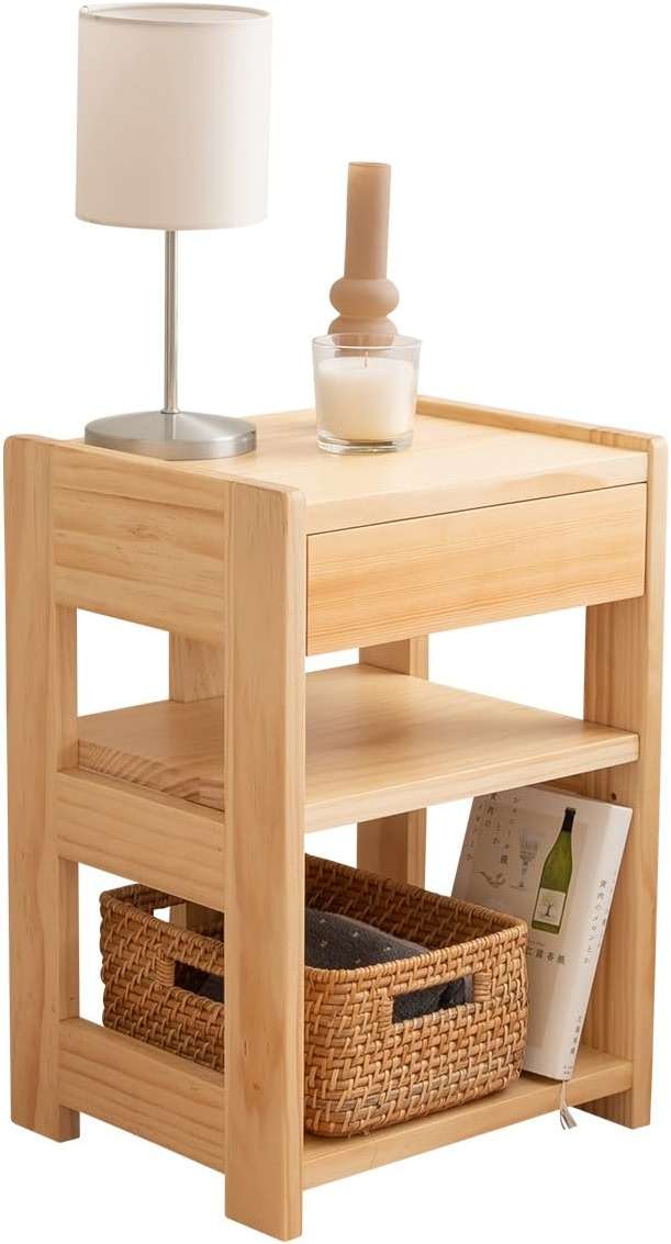 EMOOR Bed Side Table with Drawer Height-Adjustable Open Shelf Solid Finnish Pine Natural, Already Assembled Night Stand End Table Bedside Nightstand Bedroom Living Room - Image 1