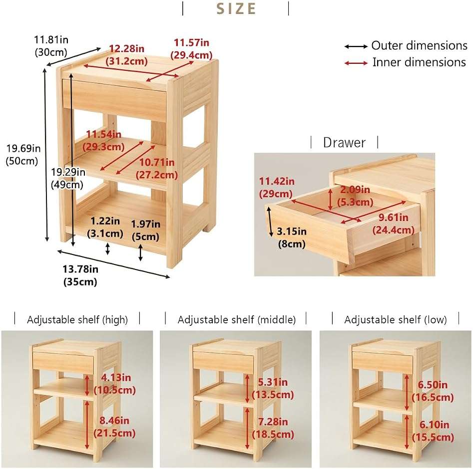 EMOOR Bed Side Table with Drawer Height-Adjustable Open Shelf Solid Finnish Pine Natural, Already Assembled Night Stand End Table Bedside Nightstand Bedroom Living Room - Image 2