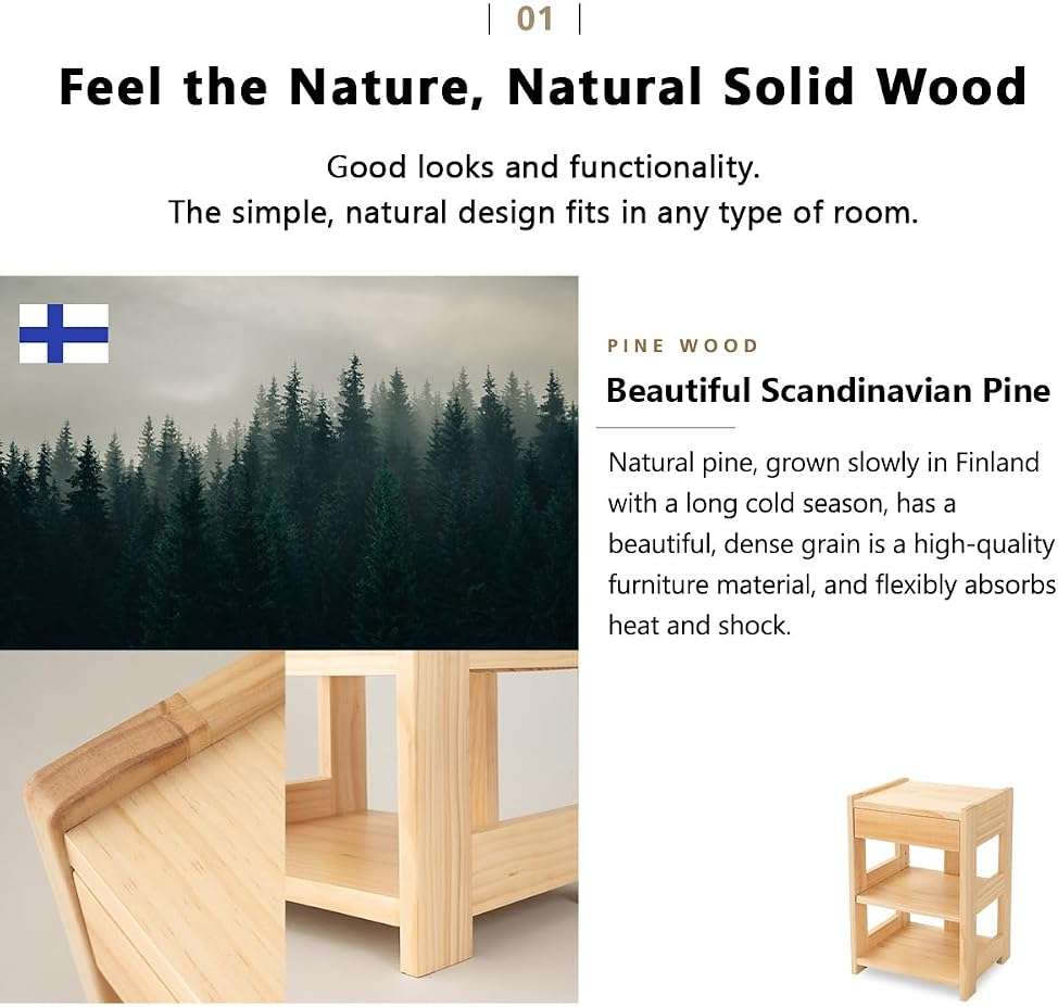 EMOOR Bed Side Table with Drawer Height-Adjustable Open Shelf Solid Finnish Pine Natural, Already Assembled Night Stand End Table Bedside Nightstand Bedroom Living Room - Image 4
