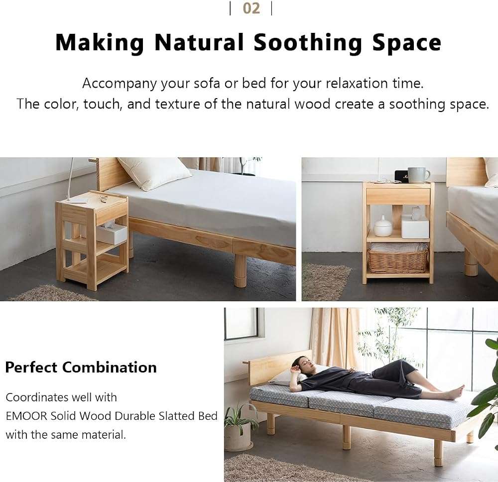 EMOOR Bed Side Table with Drawer Height-Adjustable Open Shelf Solid Finnish Pine Natural, Already Assembled Night Stand End Table Bedside Nightstand Bedroom Living Room - Image 5