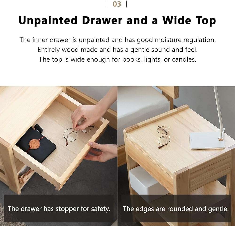 EMOOR Bed Side Table with Drawer Height-Adjustable Open Shelf Solid Finnish Pine Natural, Already Assembled Night Stand End Table Bedside Nightstand Bedroom Living Room - Image 6