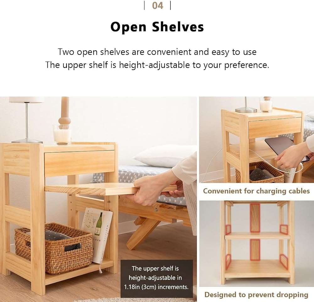 EMOOR Bed Side Table with Drawer Height-Adjustable Open Shelf Solid Finnish Pine Natural, Already Assembled Night Stand End Table Bedside Nightstand Bedroom Living Room - Image 7