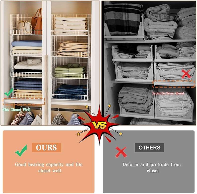 Yociyoga 4-Tier Stackable Closet Organizers and Storage Basket, Foldable Closet Shelf Organizer System, Space-Saving Clothes Storage Drawer Organizer for Wardrobe, White ((Patent 30022416)) - Image 7