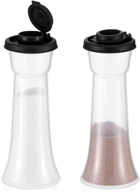 Baderke 2 Set Plastic Salt and Pepper Shakers Hourglass Salt and Pepper Shakers with Lids Large Covered for Camping Outdoor Lunch Home Kitchen Restaurant(Black) - Image 1