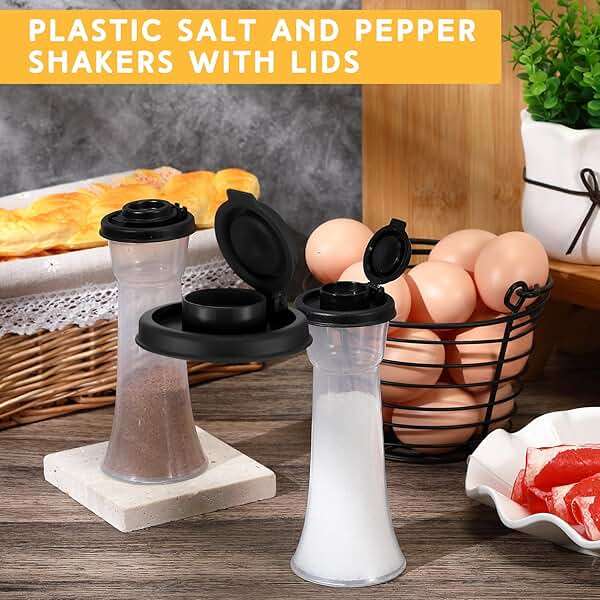 Baderke 2 Set Plastic Salt and Pepper Shakers Hourglass Salt and Pepper Shakers with Lids Large Covered for Camping Outdoor Lunch Home Kitchen Restaurant(Black) - Image 2