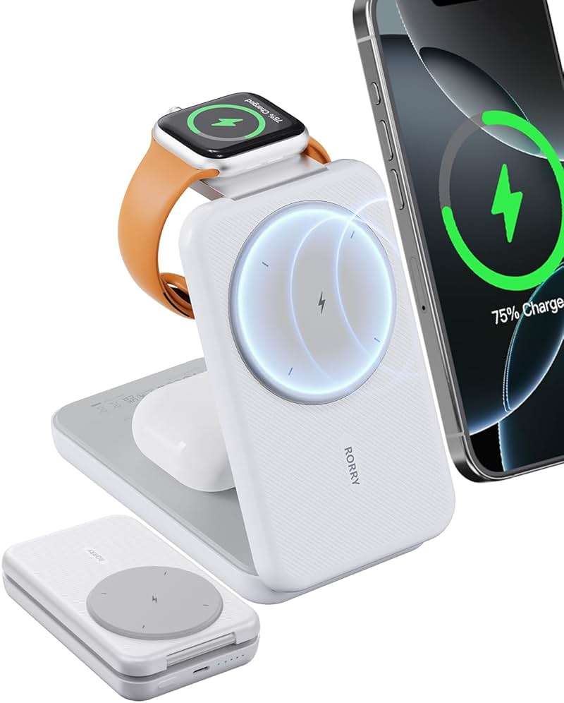 RORRY Portable Charger, 3-in-1 Charging Station 10000mAh Portable Charger Power Bank for MagSafe Foldable Battery Pack Travel for iPhone 17/16/15/14/13/12, for Apple Watch 11/10/9/8/7/Ultra/3/2, White - Image 1