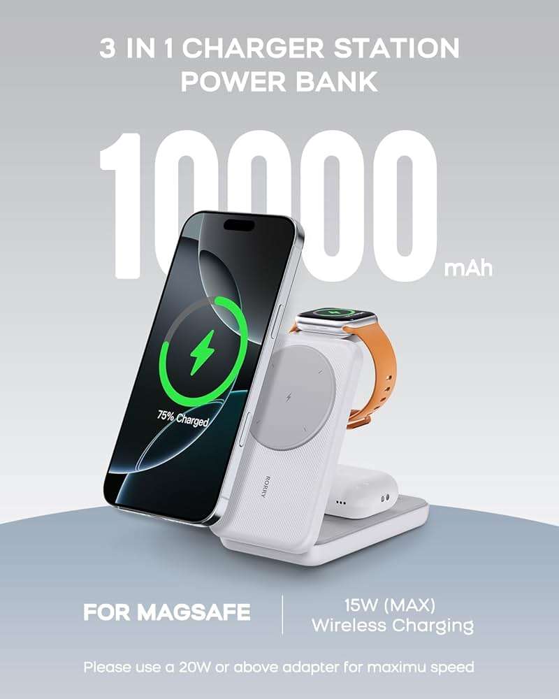 RORRY Portable Charger, 3-in-1 Charging Station 10000mAh Portable Charger Power Bank for MagSafe Foldable Battery Pack Travel for iPhone 17/16/15/14/13/12, for Apple Watch 11/10/9/8/7/Ultra/3/2, White - Image 2