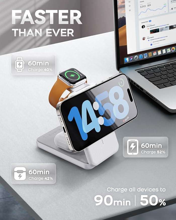 RORRY Portable Charger, 3-in-1 Charging Station 10000mAh Portable Charger Power Bank for MagSafe Foldable Battery Pack Travel for iPhone 17/16/15/14/13/12, for Apple Watch 11/10/9/8/7/Ultra/3/2, White - Image 3