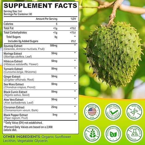 (80ML) Supplement Liquid Drops, 10 in 1 Soursop Multivitamin Drops with Leaf Extract & Sea Moss, for Cell Support & Regeneration, Immunity, Gut, Zzz, Skin & Antioxidant | 2.8 Fl Oz - 80 Days Supply - Image 2