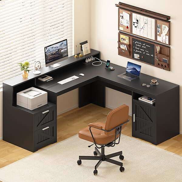 YOMILUVE 63" Farmhouse L Shaped Desk with Drawers & Storage Shelf, Corner Computer Desk with Power Outlets for Home Office, Executive Desk with Monitor Stand, Printer Shelf, Black - Image 1