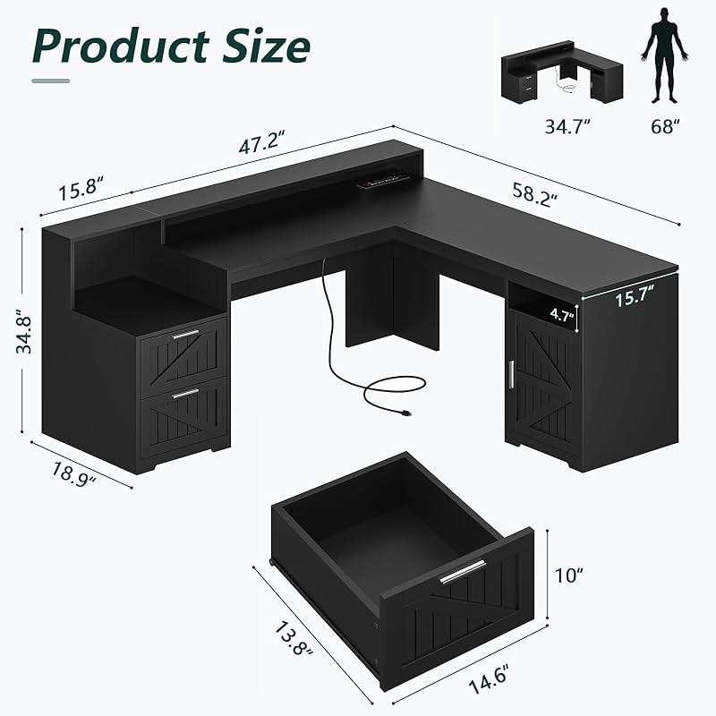 YOMILUVE 63" Farmhouse L Shaped Desk with Drawers & Storage Shelf, Corner Computer Desk with Power Outlets for Home Office, Executive Desk with Monitor Stand, Printer Shelf, Black - Image 2