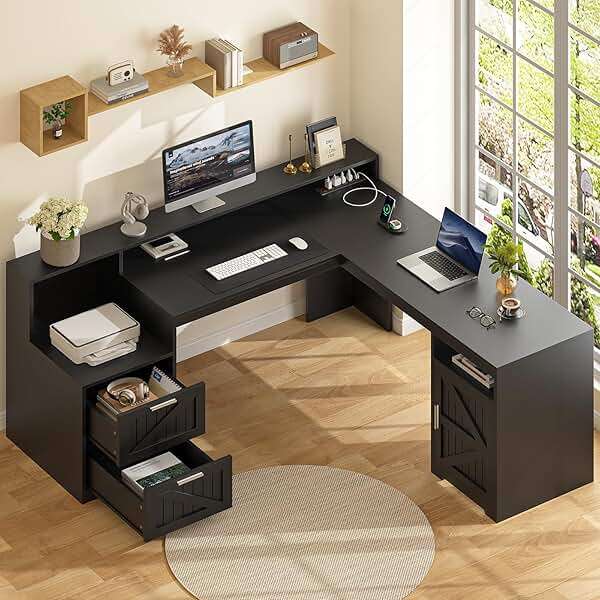 YOMILUVE 63" Farmhouse L Shaped Desk with Drawers & Storage Shelf, Corner Computer Desk with Power Outlets for Home Office, Executive Desk with Monitor Stand, Printer Shelf, Black - Image 3