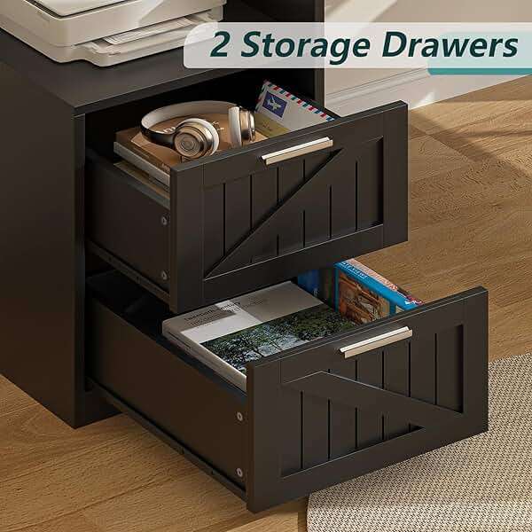 YOMILUVE 63" Farmhouse L Shaped Desk with Drawers & Storage Shelf, Corner Computer Desk with Power Outlets for Home Office, Executive Desk with Monitor Stand, Printer Shelf, Black - Image 4
