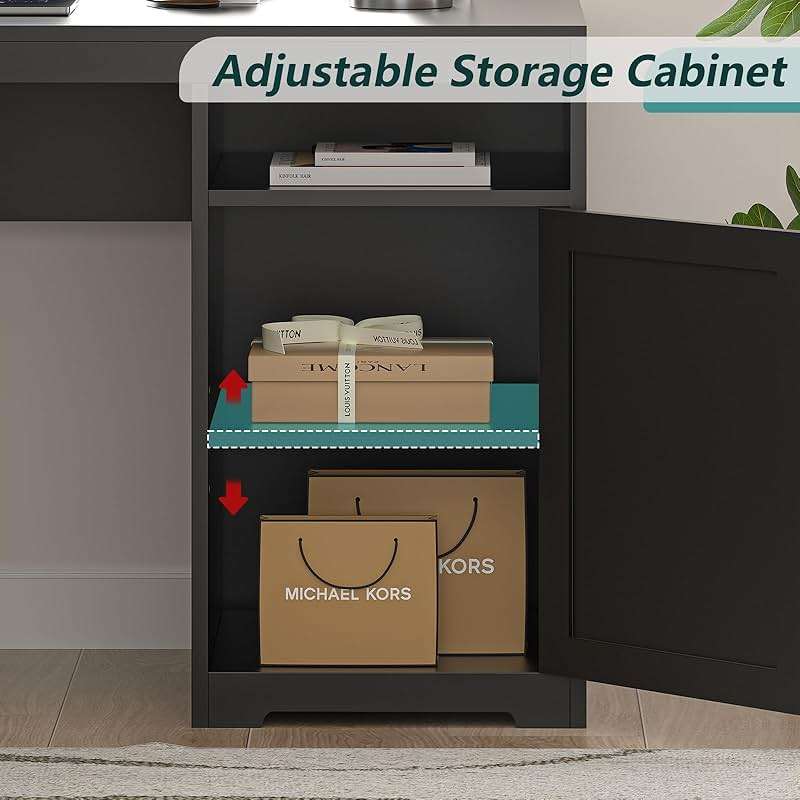 YOMILUVE 63" Farmhouse L Shaped Desk with Drawers & Storage Shelf, Corner Computer Desk with Power Outlets for Home Office, Executive Desk with Monitor Stand, Printer Shelf, Black - Image 6