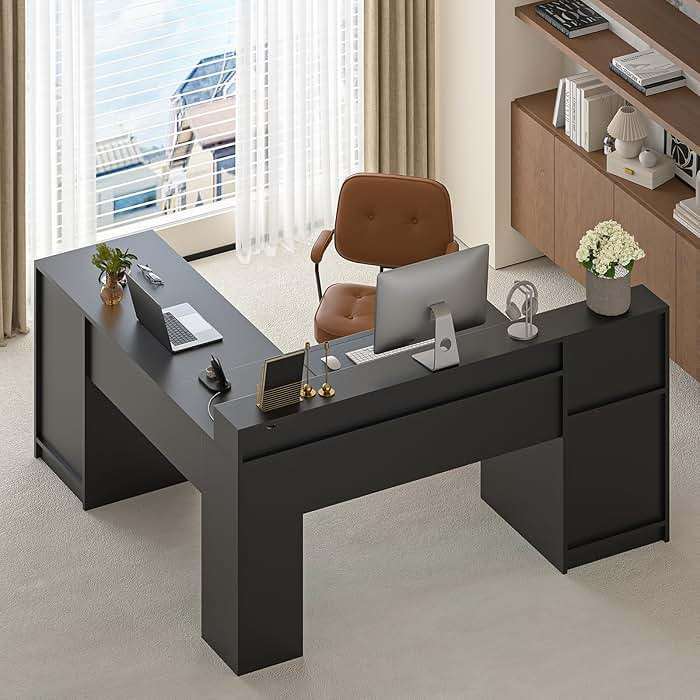 YOMILUVE 63" Farmhouse L Shaped Desk with Drawers & Storage Shelf, Corner Computer Desk with Power Outlets for Home Office, Executive Desk with Monitor Stand, Printer Shelf, Black - Image 8