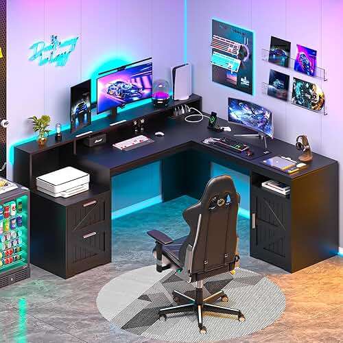 YOMILUVE 63" Farmhouse L Shaped Desk with Drawers & Storage Shelf, Corner Computer Desk with Power Outlets for Home Office, Executive Desk with Monitor Stand, Printer Shelf, Black - Image 9