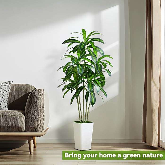 Artificial Dracaena Tree - 5FT Tall Fake Plants with White Tall Planter - Artificial Plants Indoor Floor Plant in Pot - Large Tropical Fake Yucca Potted Tree for Home Office Living Room Decor - Image 2