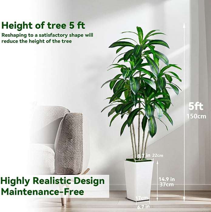 Artificial Dracaena Tree - 5FT Tall Fake Plants with White Tall Planter - Artificial Plants Indoor Floor Plant in Pot - Large Tropical Fake Yucca Potted Tree for Home Office Living Room Decor - Image 3