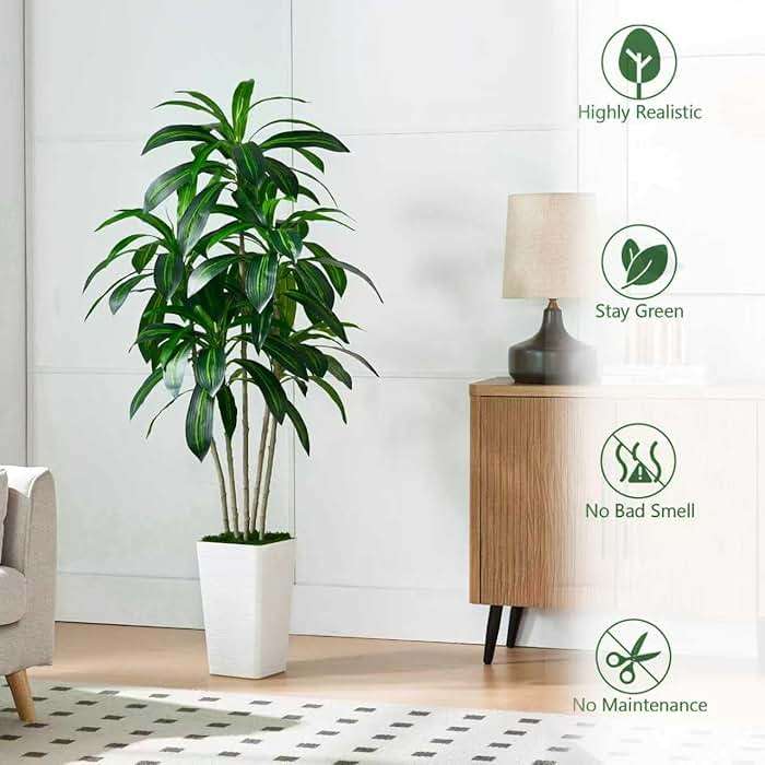 Artificial Dracaena Tree - 5FT Tall Fake Plants with White Tall Planter - Artificial Plants Indoor Floor Plant in Pot - Large Tropical Fake Yucca Potted Tree for Home Office Living Room Decor - Image 6